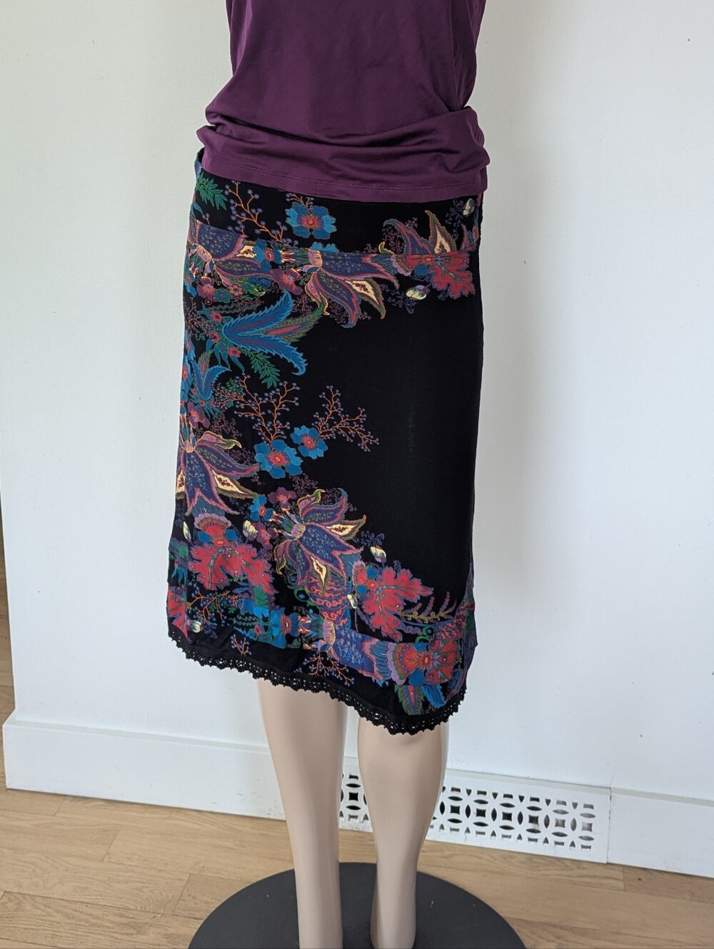 Desigual Black Midi Skirt with Multicolor Floral Border